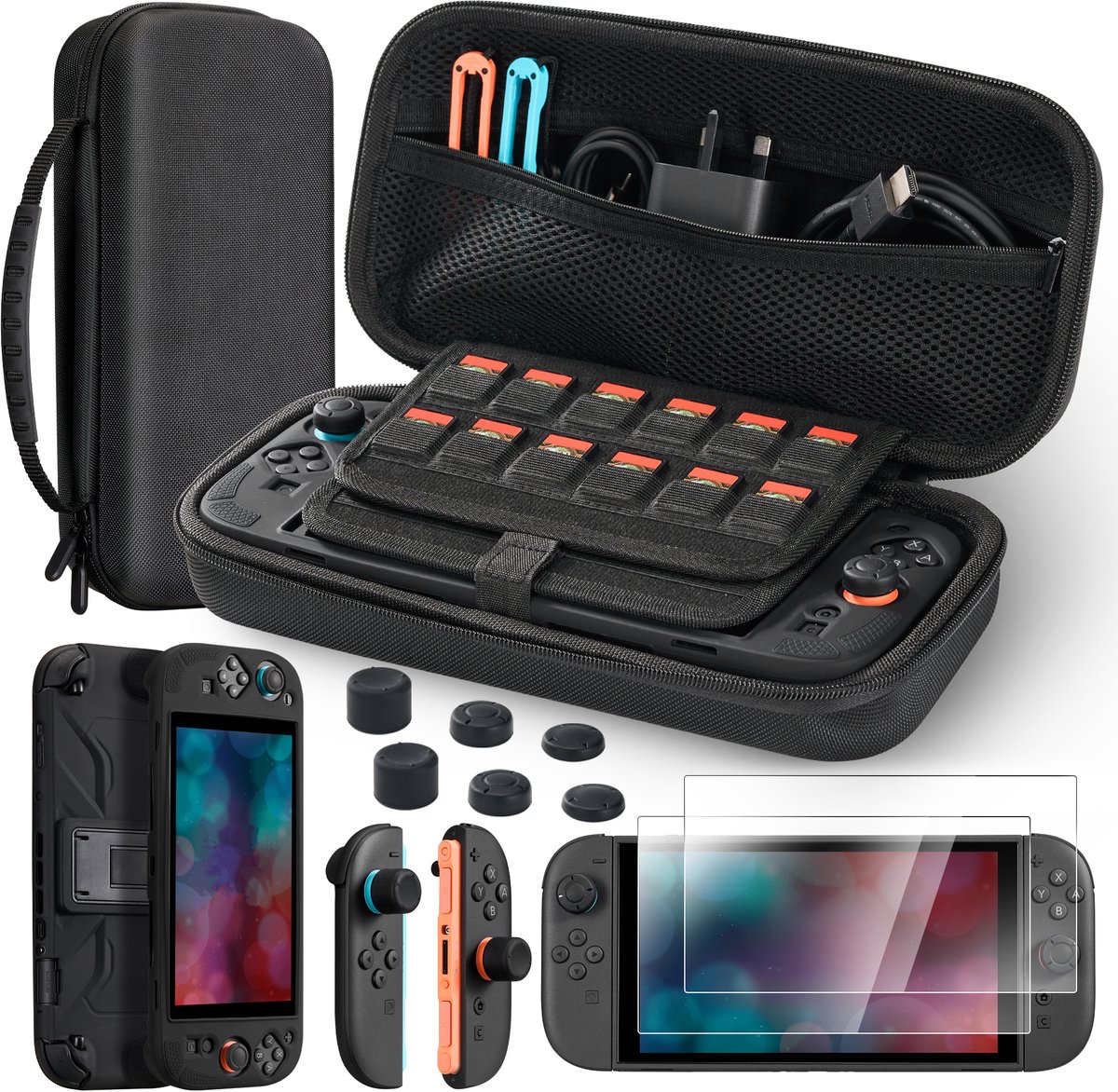 RHYTHMFLAME Accessoires Set geschikt voor Nintendo Switch 2 - Case - 2 Stuks Screenprotector - Grip Case - Classic Thumb Grips