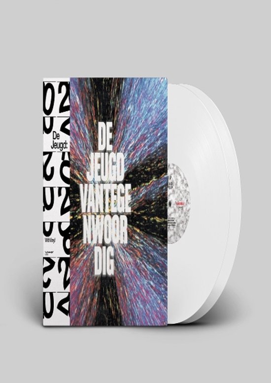 Albumhoes met 'De Jeugd Vantegenwoordig' in witte letters op een explosie van paarse, blauwe en gouden lichtstralen. Twee witte vinylplaten ernaast.