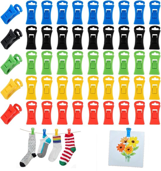 50 stuks - Sokkenklemmen voor wasgoed - Antislip wasknijpers - Waslijnknijpers, 5 kleuren - zwart, rood, geel, blauw, groen 2,8 cm