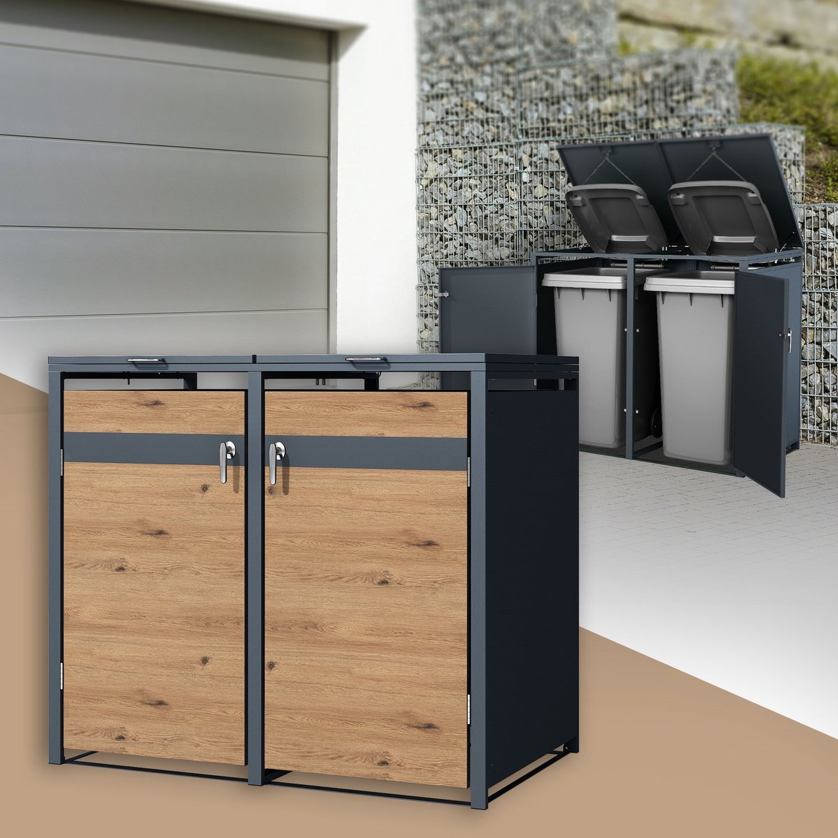 Klikoombouw, Container ombouw voor 2 containers tot 240 l, 132 x 80 x 120 cm, van staal in eikenhoutlook ML-Design