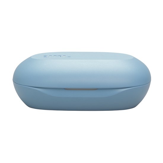 Lichtblauw laadstation voor JBL Sense Lite oordopjes met USB-C poort aan de voorkant en JBL logo.