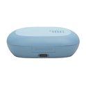 Doos van JBL Sense Lite oordopjes in lichtblauw met afbeeldingen van de oordopjes en productinformatie.