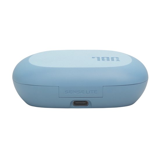 Doos van JBL Sense Lite oordopjes in lichtblauw met afbeeldingen van de oordopjes en productinformatie.