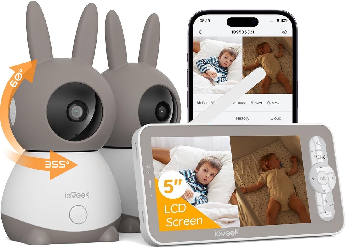 ieGeek 2K Split-Screen Babyfoon - 5" Audio Babyfoon met 2 Camera's - WiFi Smartphone Video Dubbele Camera - Nachtzicht - Tweerichtingsgesprek
