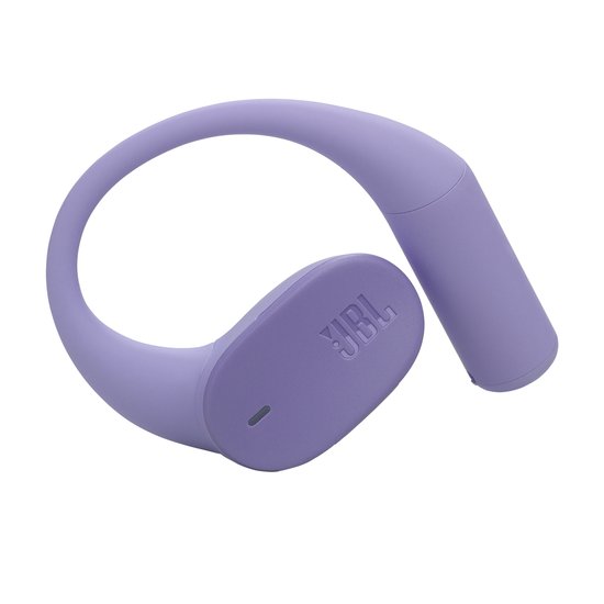 Paars JBL Sense Lite oordopje met oorhaak, zijkant gezien.