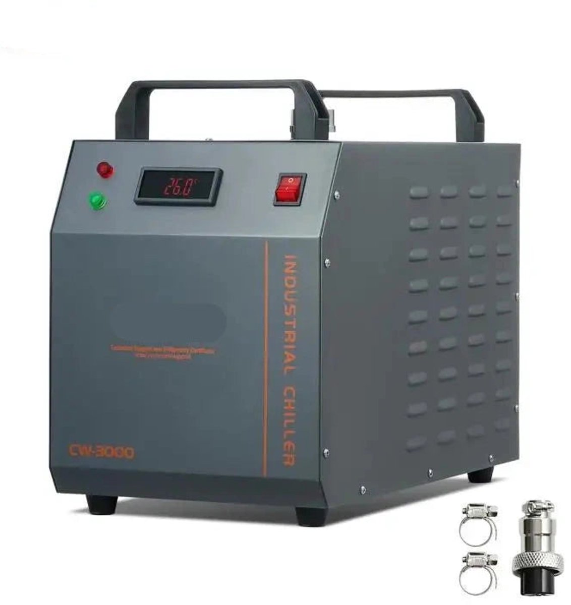 Industriële Waterkoeler - Chiller Industriële – 80W - 12L Waterreservoir – 12 L/min - Luchtgekoeld – Voor CO₂ Lasers tot 80W – Compacte Waterchiller met Alarmfuncties - Grijs