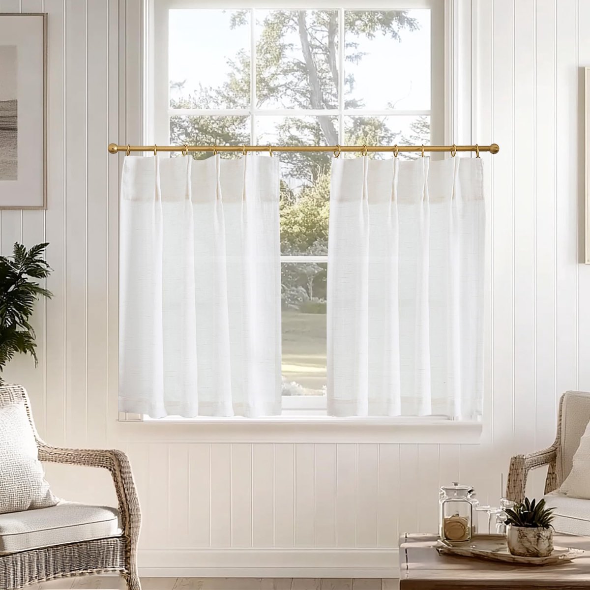 Ibenzoa Stijlvolle Vitrage Set voor Keuken en Balkondeur in Landhuisstijl, Halftransparant, 65x60 cm wit
