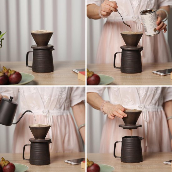 globe faith Handgemaakte steengoed giet over druppelkoffiezetapparaat en kopjes set, koffiebrouwer druppelaar, koffie karaf & espresso kopjes en schotels geschenkset, retro metallic geglazuurd, 16 oz