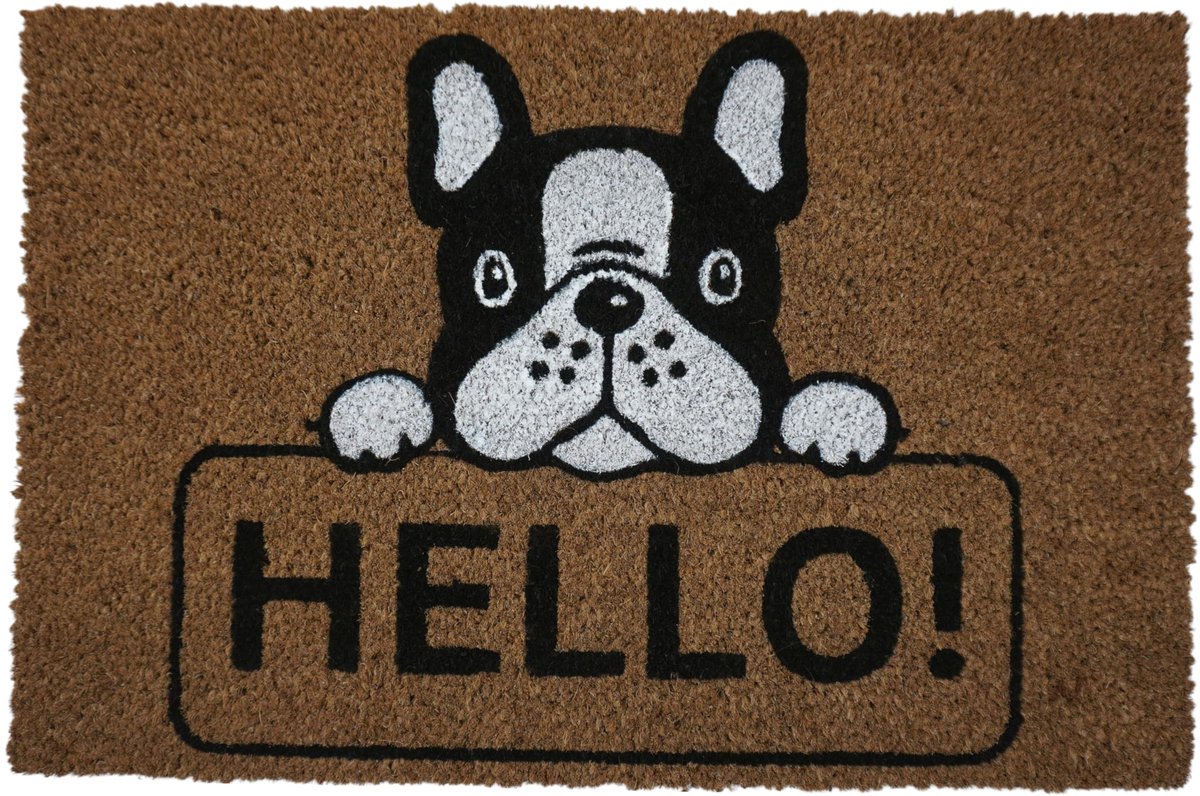 Ibenzoa Deurmat voor buiten, deurmat voor buiten, kokosmat met antislip pvc, grappig Hello hondendesign design, outdoor deurmat, afmetingen: 60 x 40 x 1,5 cm. bruin