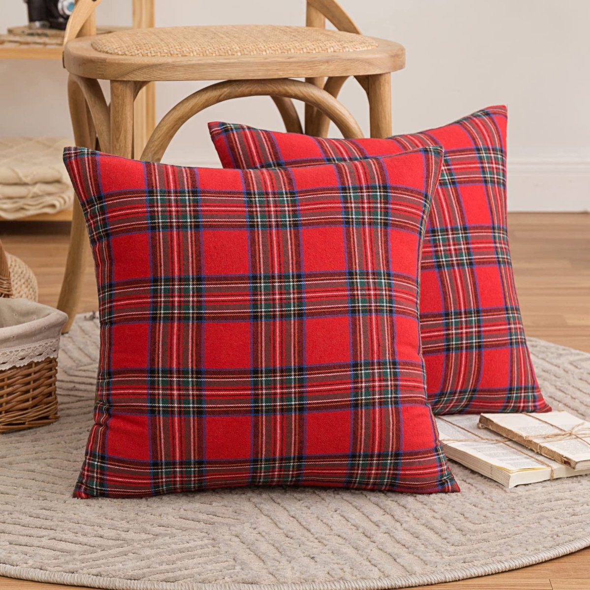 Ibenzoa Set van 2 Decoratieve Kussenhoezen in Schotse Stijl, met Verborgen Ritssluiting, voor Bank, Slaapkamer, Woonkamer en Auto, 45 x 45 cm, Grote Textuur rood