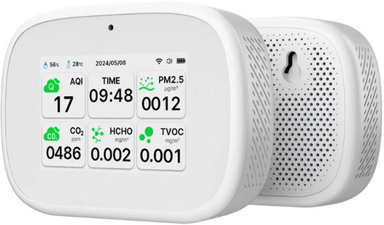 Luchtkwaliteitsmeter met CO2, Fijnstof PM1.0 PM2.5 PM10, TVOC, HCHO – 10-in-1 - Wifi Air Quality Monitor – Temperatuur, Luchtvochtigheid, AQI – Formaldehyde