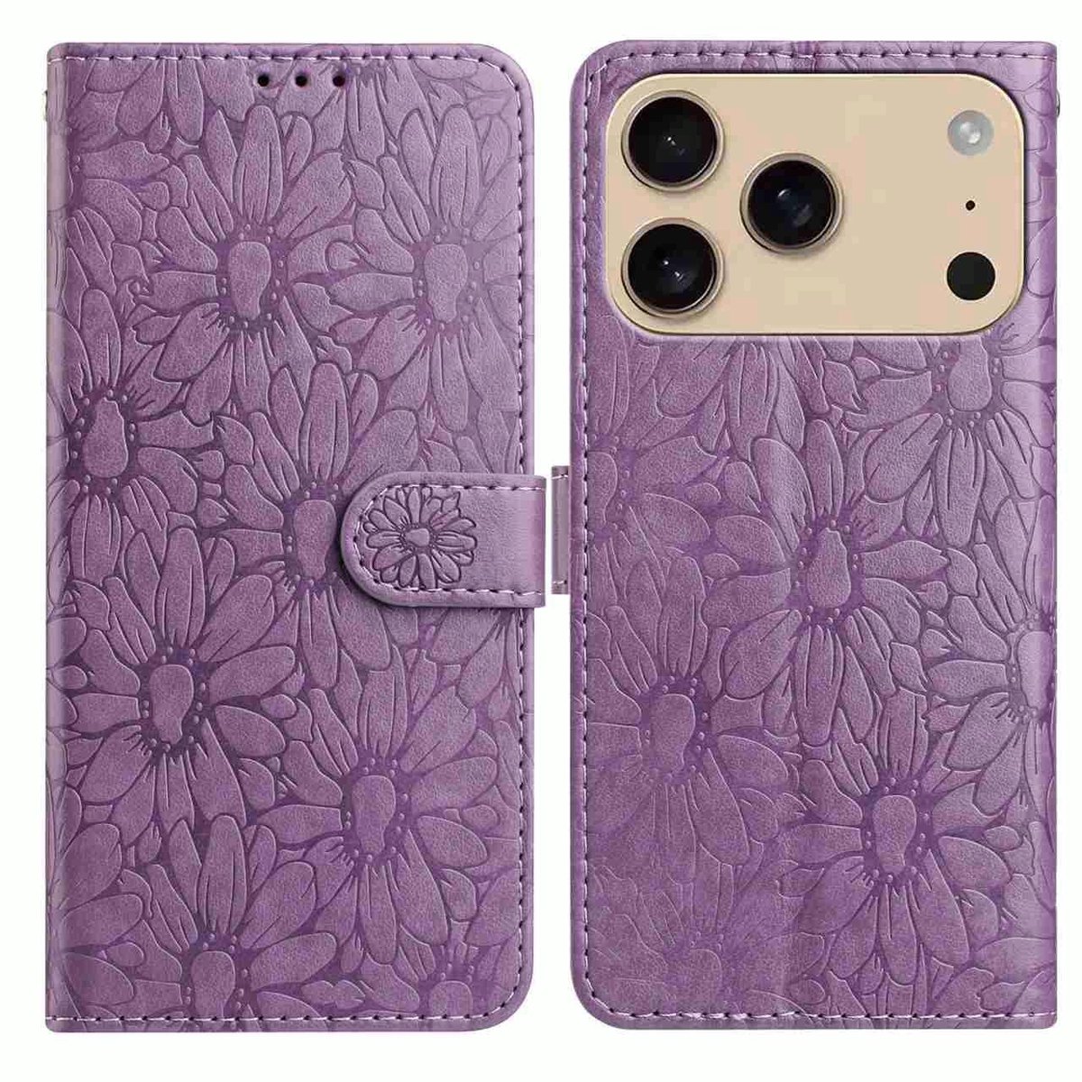 Mobigear Telefoonhoesje geschikt voor Apple iPhone 17 Pro Max Hoesje | Mobigear Flowers Bookcase Portemonnee | Pasjeshouder voor 3 Pasjes | Telefoonhoesje voor Pinpas / OV Kaart / Rijbewijs - Paars
