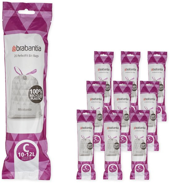 Emballage contenant 10 rouleaux de sacs poubelles Brabantia (code C, 10-12L). Blanc avec accents violets, motif géométrique et icône plastique 100% recyclé.