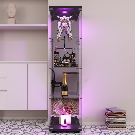 Glazen vitrinekast met LED, Moderne vitrinekast met 4 planken van ESG-Spiegelglas, verzamelvitrine voor bar, woonkamer, 164 x 42,5 x 36,5 cm, Zwart