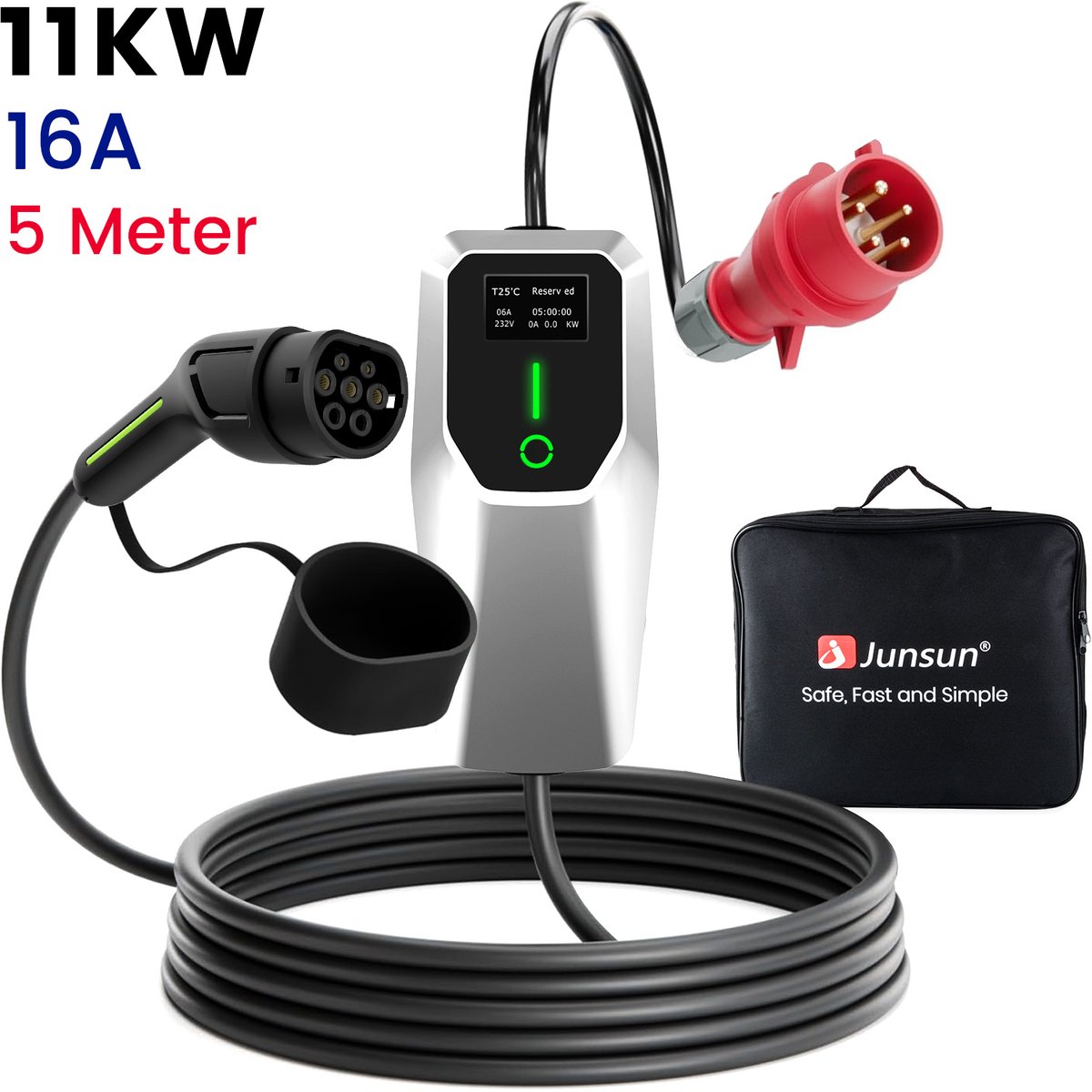 JUNSUN Draagbare 3-Fase EV Laadkabel - Snel en veelzijdig opladen