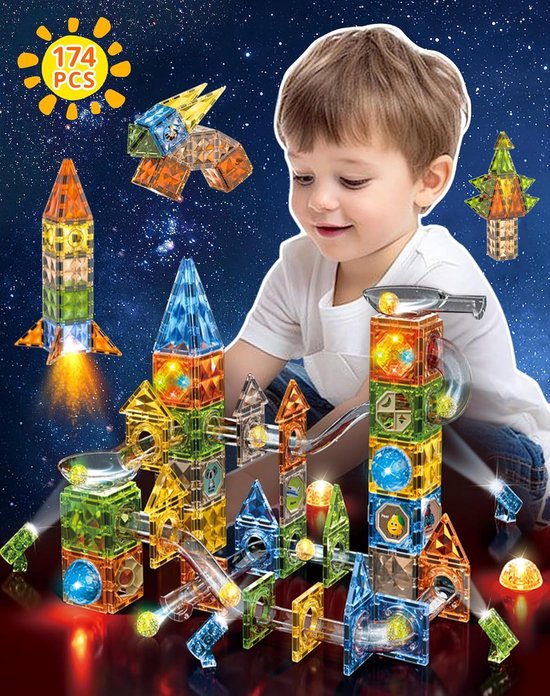 174-delige Magnetische Bouwblokken Set - Educatief STEM Speelgoed - Montessori Magneten met Gloweffect en Schuifrails - Bouwstenen voor Kinderen 3-10 Jaar - Creatief Constructiespeelgoed - Perfect Cadeau voor Jongens en Meisjes