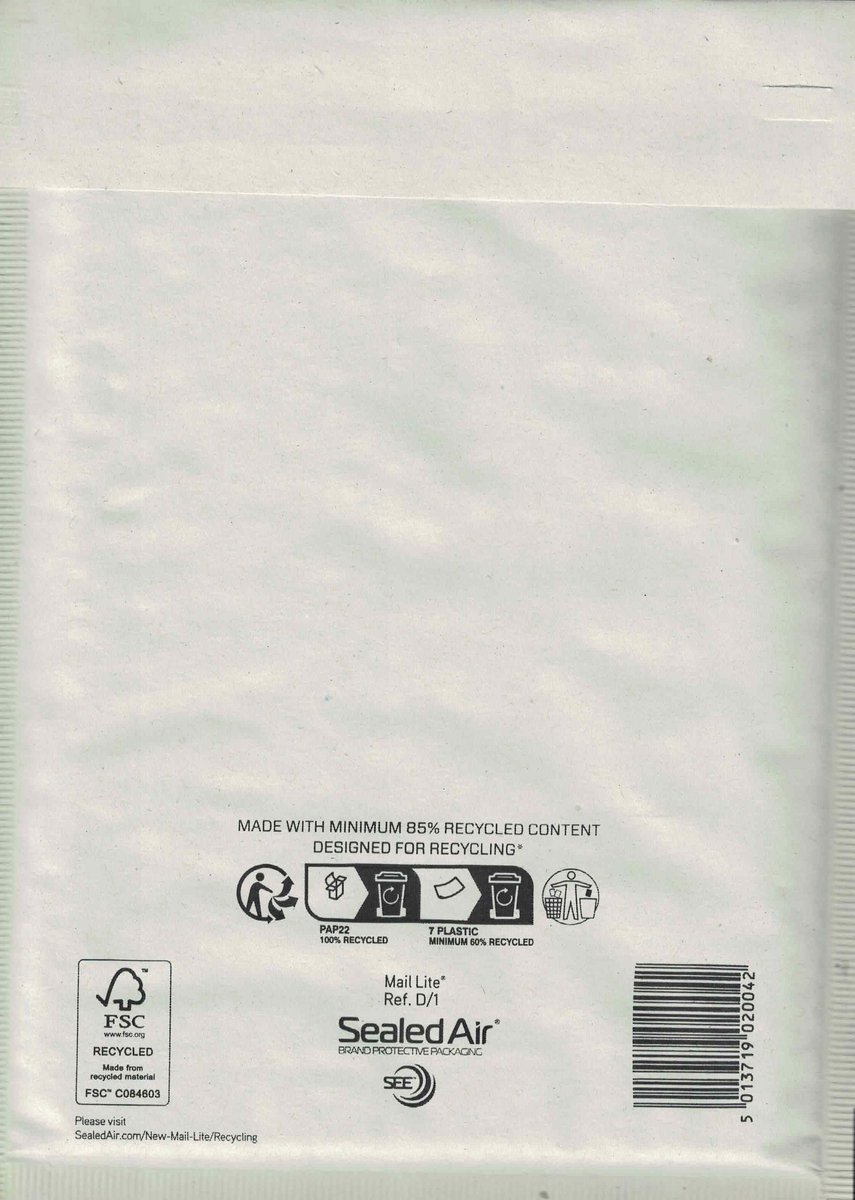 luchtkussenenveloppen - 25 st. - Sealed air - witte envelop - D/1 - 180 x 260 mm - doos van 25 stuks - 18x26 cm - enveloppen - set van 25