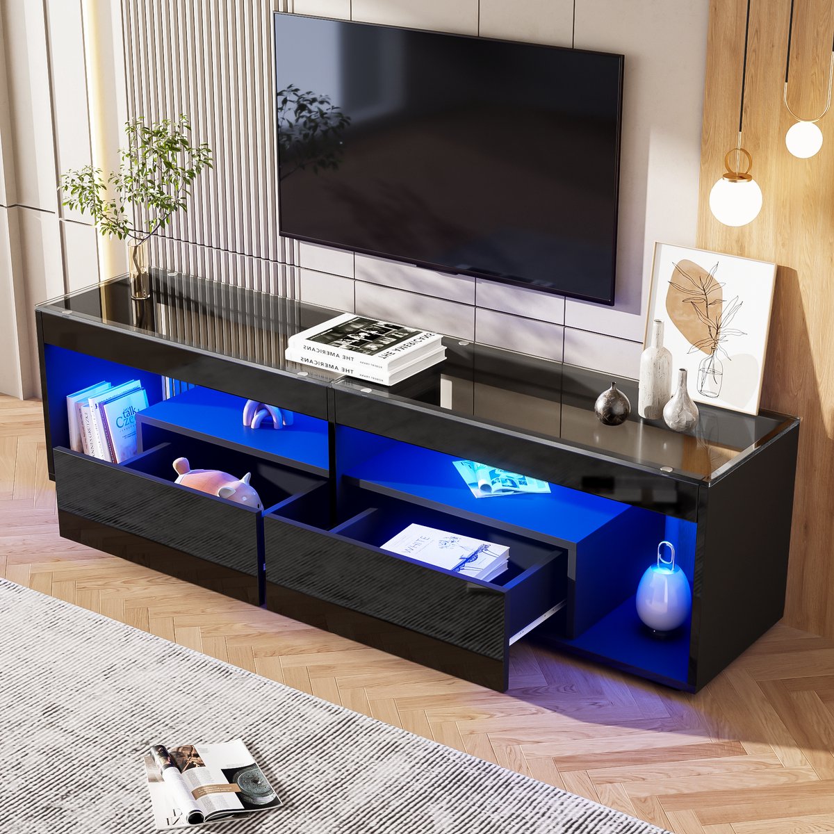 LED hoogglans Tv-meubel voor tv's tot 70 inch - tv-kast in de woonkamer met 2 lades - zwart