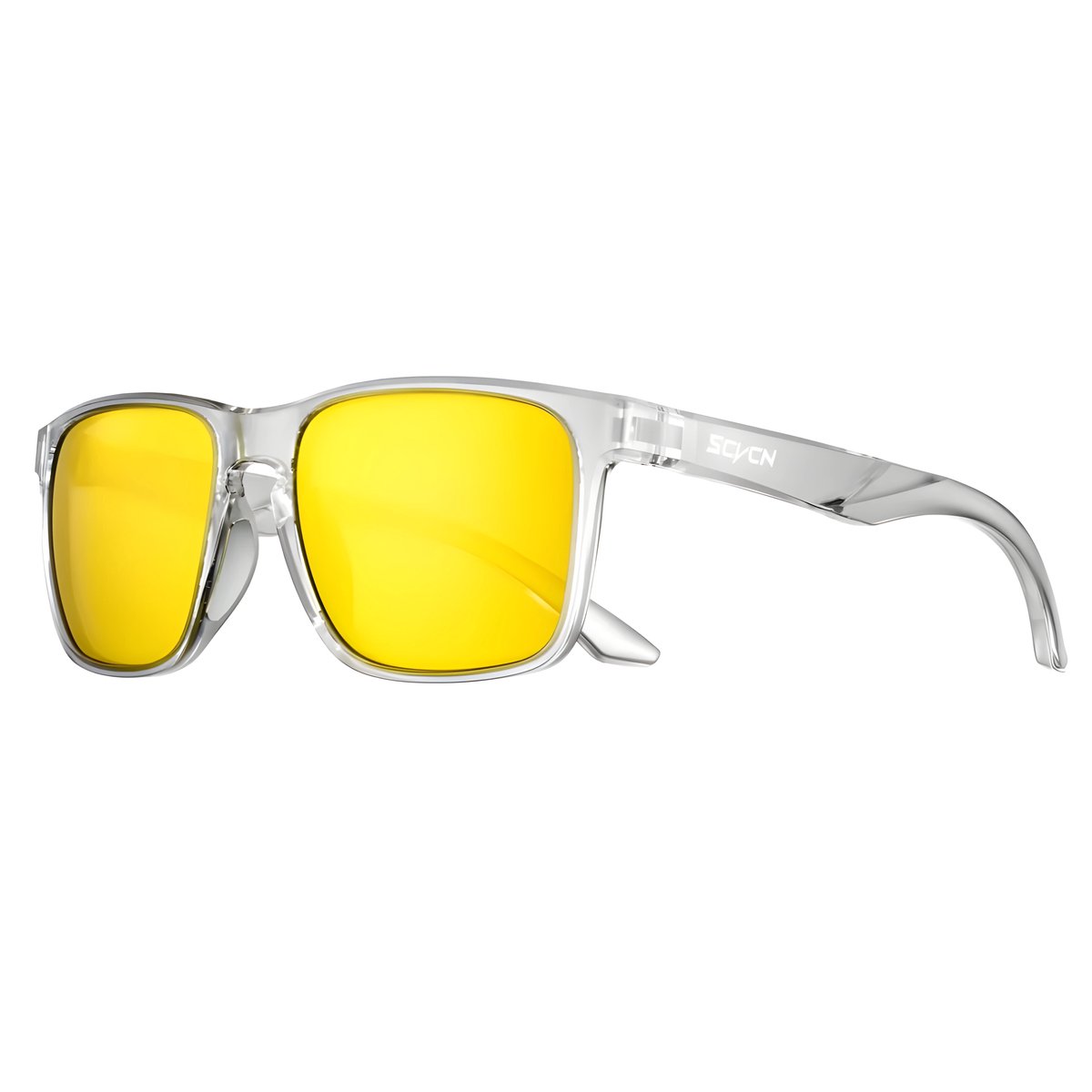 SCVCN® S235-QTC-05 | Zonnebril Piloten | Gepolariseerd Wayfarer Classic Zonnebril | Rechthoekig | Vierkant Rechthoekige | Carnavalsbril |Festival bril | Auto Zonnebril | Zonnebril Dames & Heren |Transparant Grijs Montuur| Nachtbril |Licht Gele Glazen