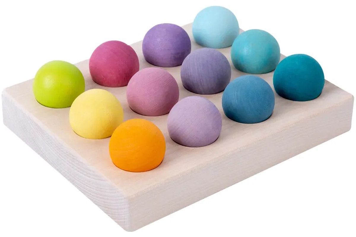 Houten ballen en sorteerplank - Pastelkleuren - 12 ballen - Open einde speelgoed - Educatief montessori speelgoed - Pastel ballen in sorteerplank