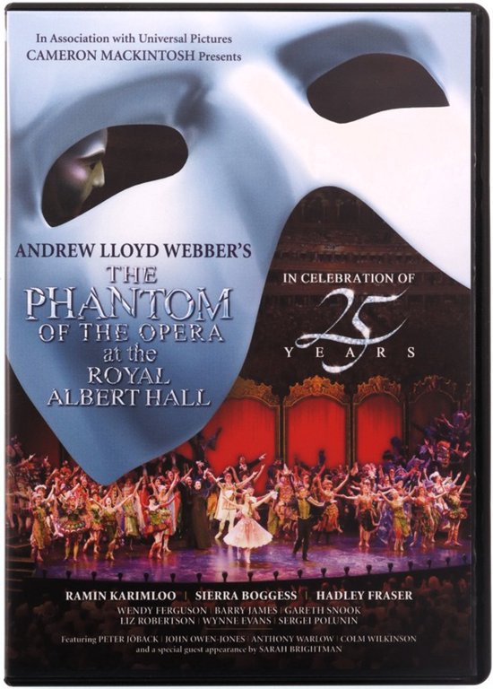 Voorkant van de dvd-hoes van The Phantom of the Opera. Toont een masker en de cast in actie.
