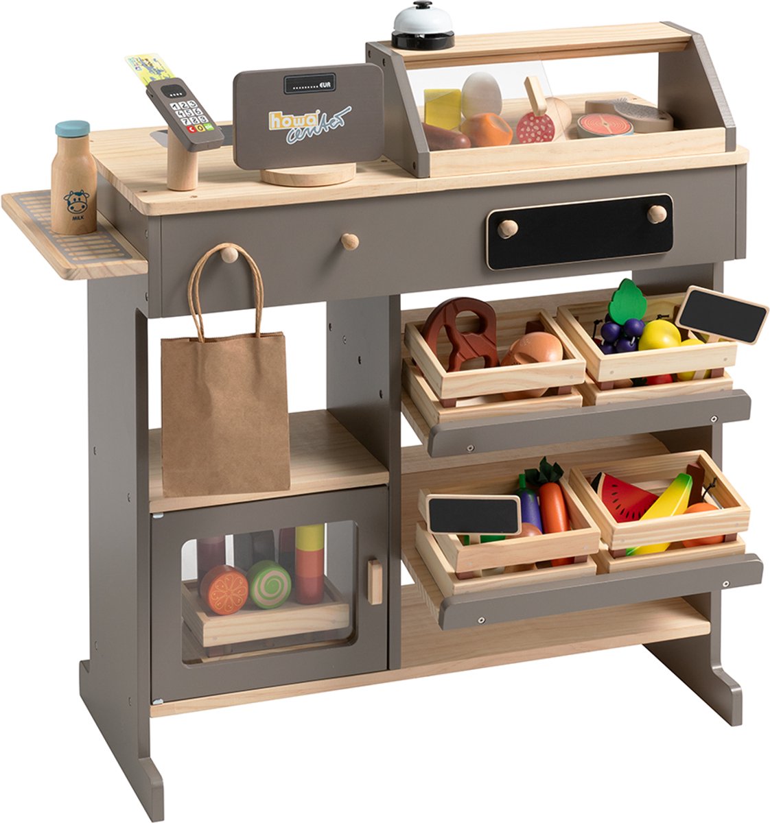 howa Speelgoed Winkeltje van Natuurlijk Hout, Taupe inclusief 40 Winkel Accessoires 14755