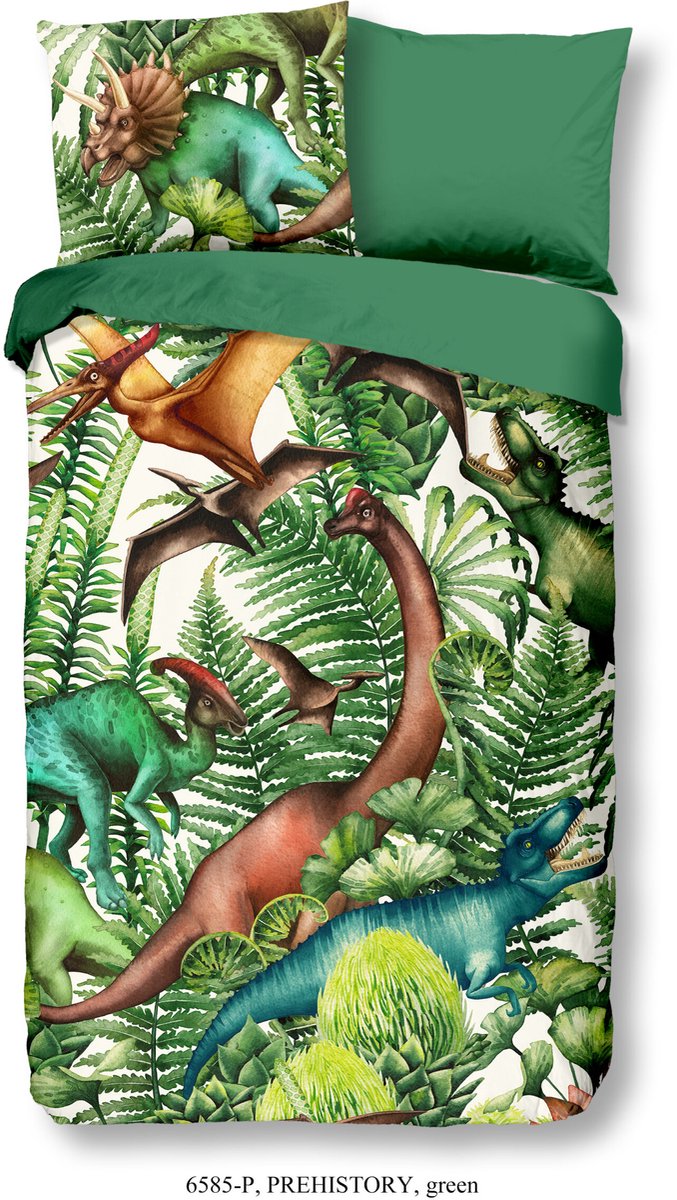 Good Morning dekbedovertrek dinosaurussen - 1 persoons 140x200/220 cm - Groen - 100% Katoen renforce