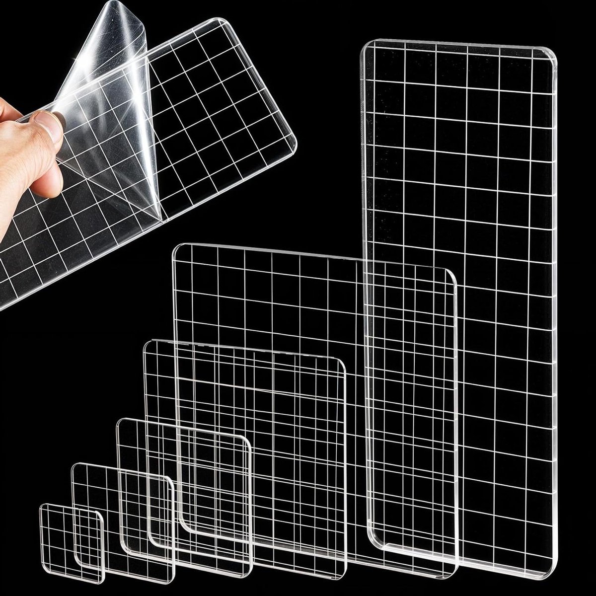 Allecto Plus - 6 stuks Acryl Stempel Blok met Raster Lijnen - Clear Stempelen Blokken - Decoratieve Stempel Blokken - Vierkante Display Blok Set - DIY Ambachten Scrapbooking Kaart Maken
