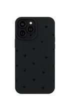Zwarte telefoonhoes met kleine, verhoogde hartjes, productfoto.