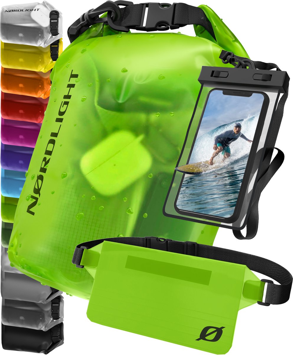 Nordlight Waterdichte Dry Bag met telefoonzak en heuptas - (10L, Groen) Waterdichte droge zak met rolsluiting | Zwemmen, varen, strand, staand peddelen