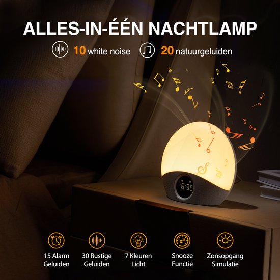 Wekkerlamp in eivorm, geel verlicht, met muzieknoten. Toont 15 alarmgeluiden, 30 rustige geluiden, 7 kleuren licht en snooze-functie.