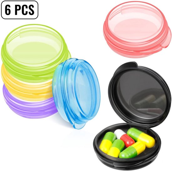 Pilulier en plastique transparent, 6 pièces, 42 x 42 x 15 mm, Zwart, Blauw, violet, jaune, vert, rose, Mini pilulier, portable, distributeur de médicaments de voyage, idéal pour la distribution de médicaments.