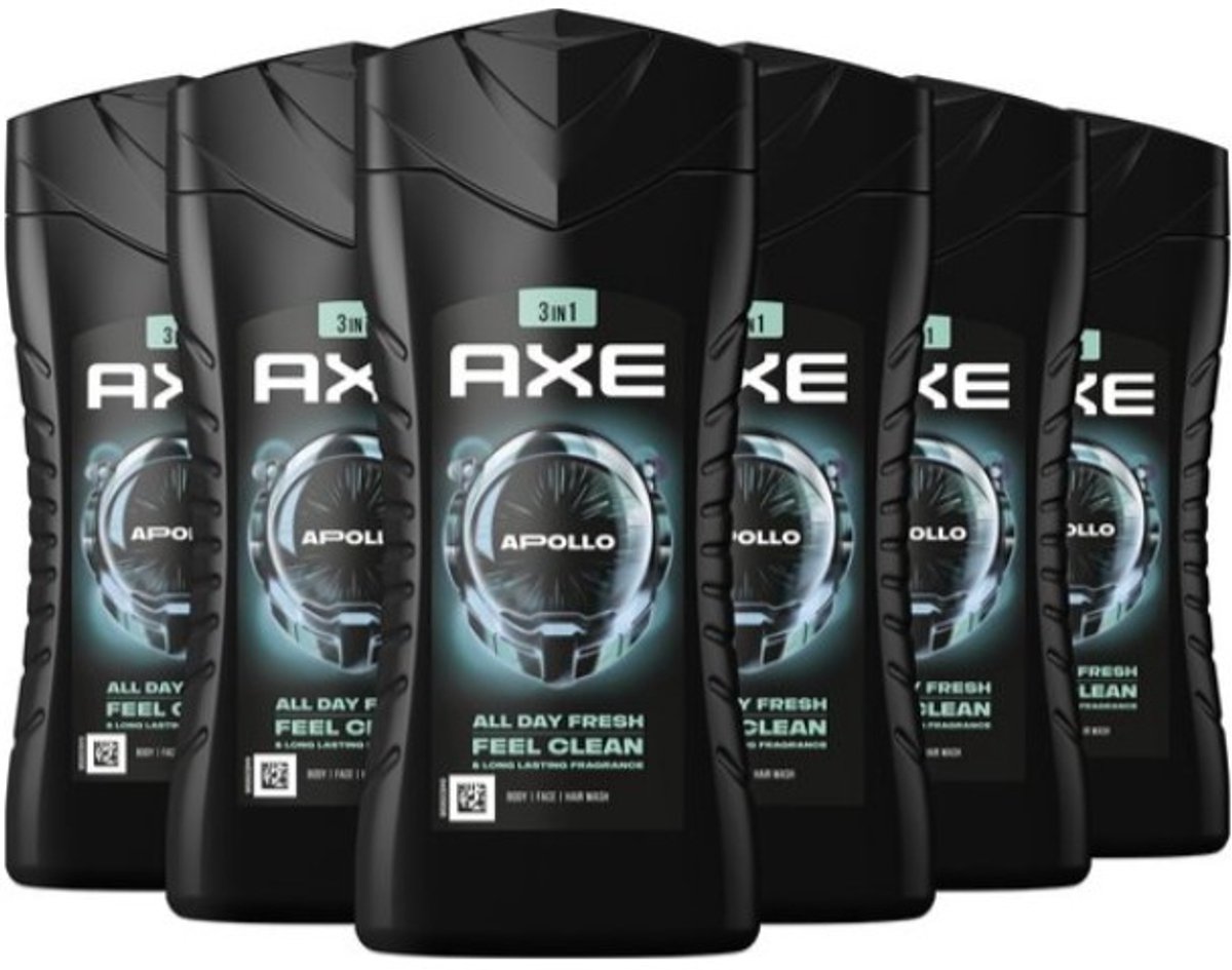 AXE – 3-in-1 Douchegel, Facewash & Shampoo Mannen – Apollo- 12uur lang onweerstaanbare geur – Revoluntaire Dual-Action Techologie - Voordeelverpakking 6 x 400 ml