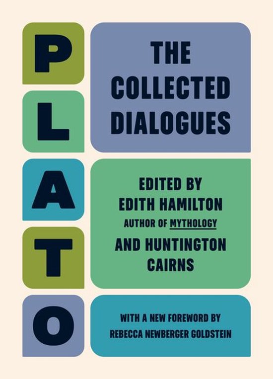 Boek 'The Collected Dialogues of Plato', bewerkt door Edith Hamilton. De letters P, L, A, T, O staan verticaal aan de linkerkant.