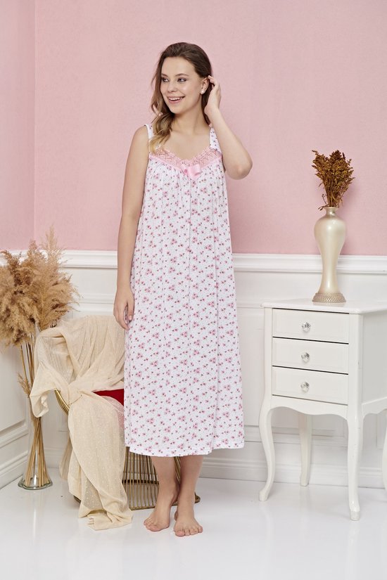 Marco Rossi - Dames nachthemd - Nachtjurk - Nachtjapon - Katoen - Hartje/Bloemen random - Roze - Maat XL