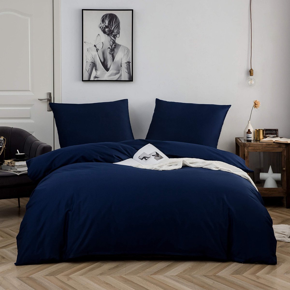 Ibenzoa Katoenen Dekbedovertrek Marineblauw met Kussensloop donkerblauw