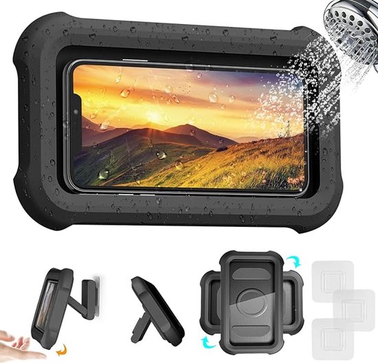 Support de téléphone pour la douche - rotatif à 480 degrés - Support de téléphone étanche pour la salle de bain - écran tactile HD étanche, support de téléphone pour salle de bain/cuisine - adapté pour smartphone sous la douche - noir