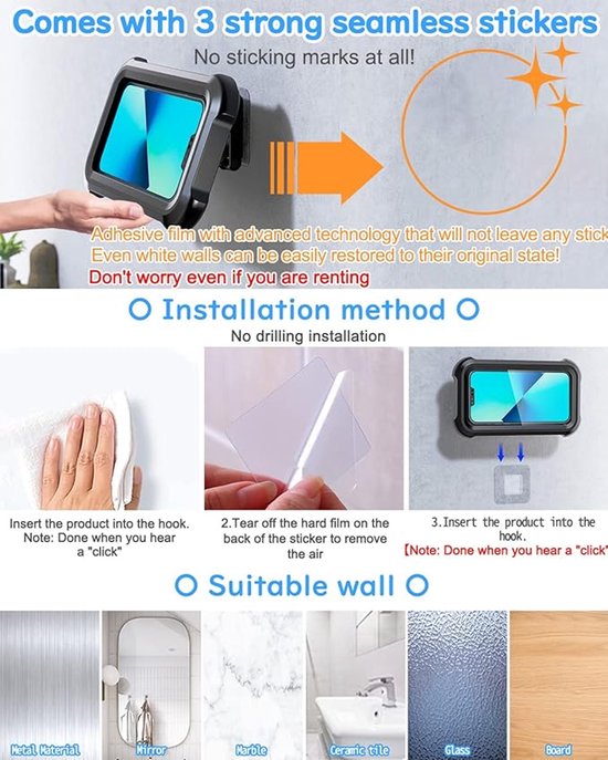 Support de téléphone pour la douche - rotatif à 480 degrés - Support de téléphone étanche pour la salle de bain - écran tactile HD étanche, support de téléphone pour salle de bain/cuisine - adapté pour smartphone sous la douche - noir