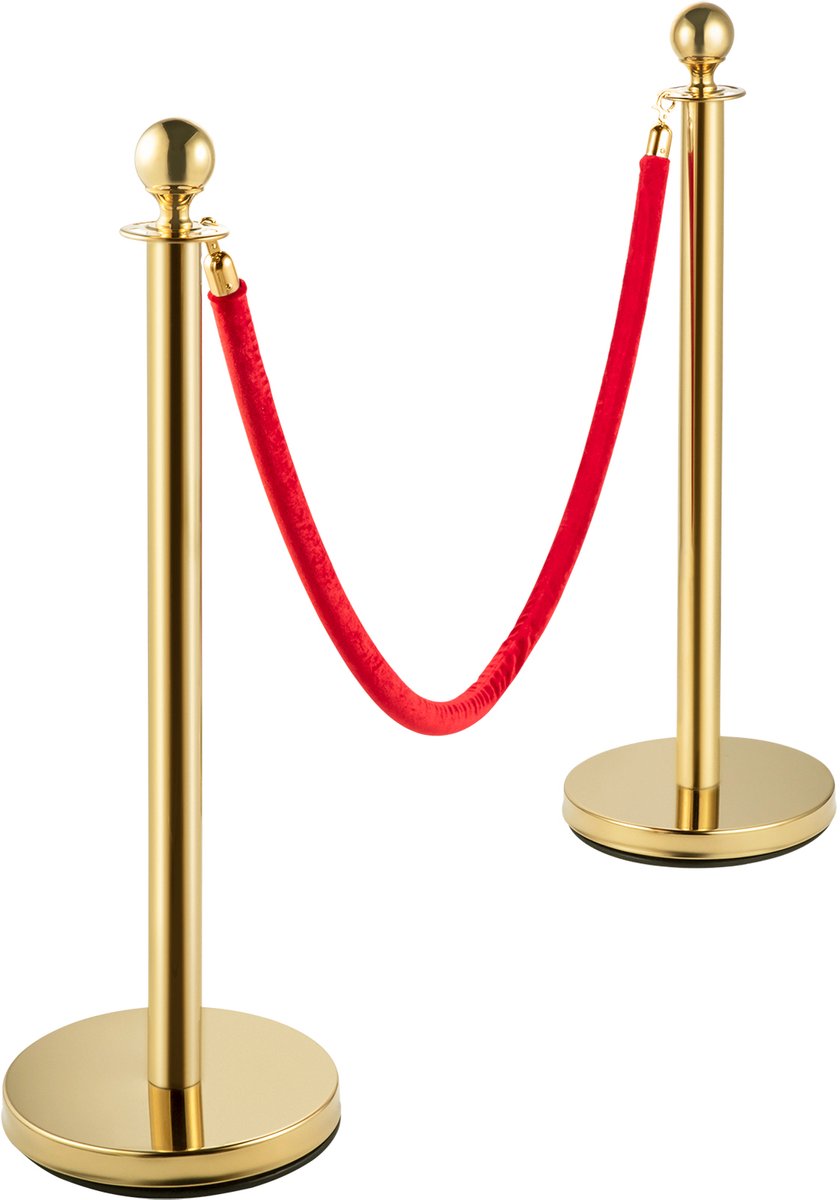 Set van 2 Gouden Wachtrij Controle Barrièrepalen – Met 1,5 m Rood Touw – Veiligheidsleiders voor Menigtecontrole – Gouden Kolom met Ronde Top