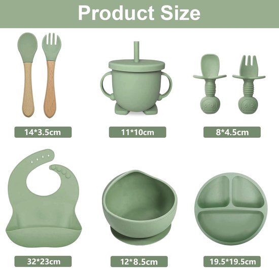 8-Delig Baby Servies Set (Siliconen) - Bord met Zuignap + Drinkbeker + Slab + Bestek - Vaatwasser- & Ovenbestendig - BPA-Vrij - Lichtgroen van Merkloos — afbeelding 5