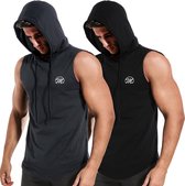 MEETYOO Débardeur de sport à capuche et cordon de Musculation pour homme, lot de 2 pièces, Mouwloos, Zwart/ Grijs, XXL