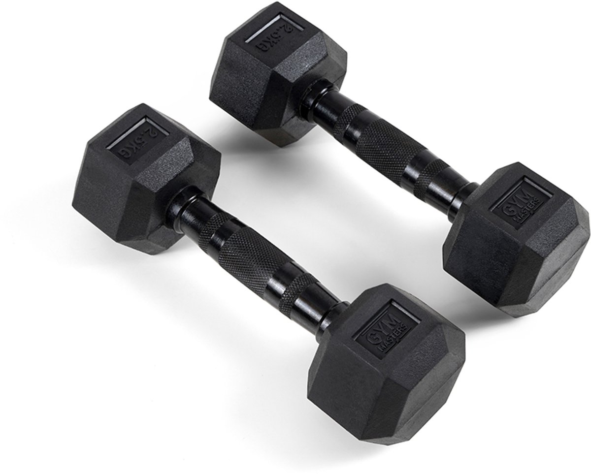 Gym Masters hexa Dumbbells 2,5 kg Set (2 stuks) – Hexagon Rubber Dumbbells – Zwart