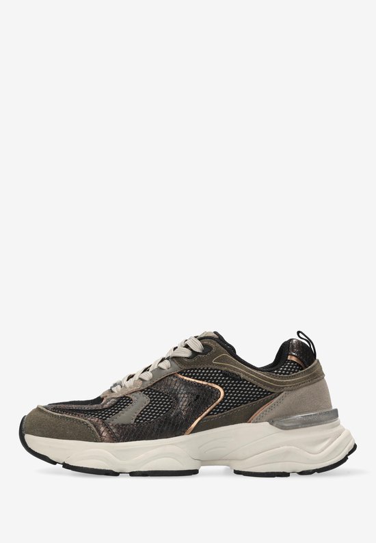 Zijaanzicht van groene, bruine en beige dames sneakers met veters en beige dikke zolen.