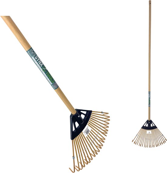 Een bamboe hark met een houten steel en een zwarte kunststof basis, getoond in twee maten.