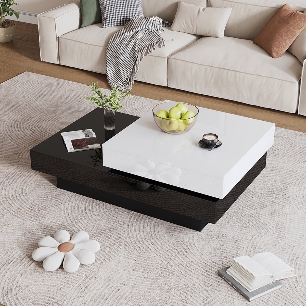 Pugsdrly Draaibare salontafel met zwarte en witte naden, moderne en eenvoudige salontafel met glanzend oppervlak, dubbellaagse salontafel van spaanplaat, geschikt voor de woonkamer van een appartement
