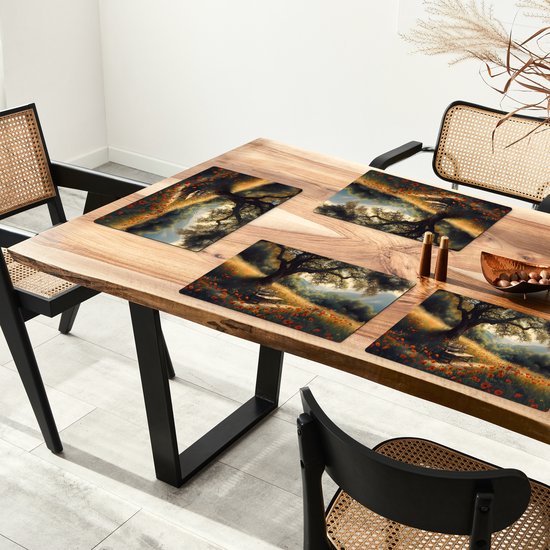 Placemats - 6 stuks - 45x30 cm - Placemat kunststof - Bankje - Boom - Klaprozen - Heuvels - Borden onderleggers - Decoratie voor op tafel - Keuken tafeldecoratie accessoires - Vinyl onderlegger - Tafelversiering