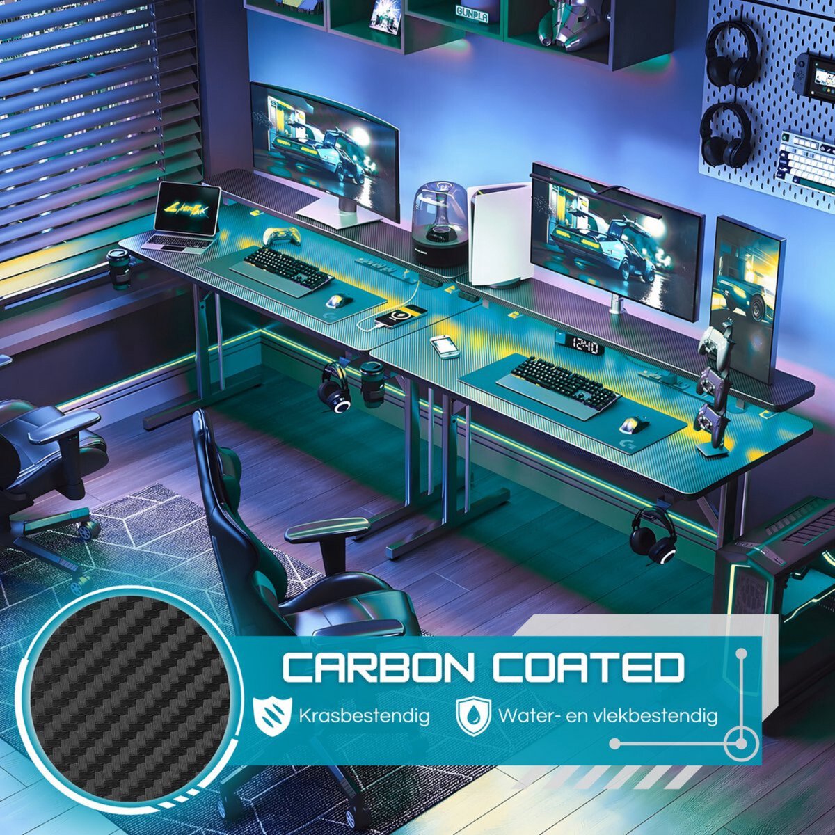 Five Stars® Game Bureau - Game Bureau met LED verlichting - Zwart Carbon - Gaming Desk - Computertafel - RGB LED Verlichting