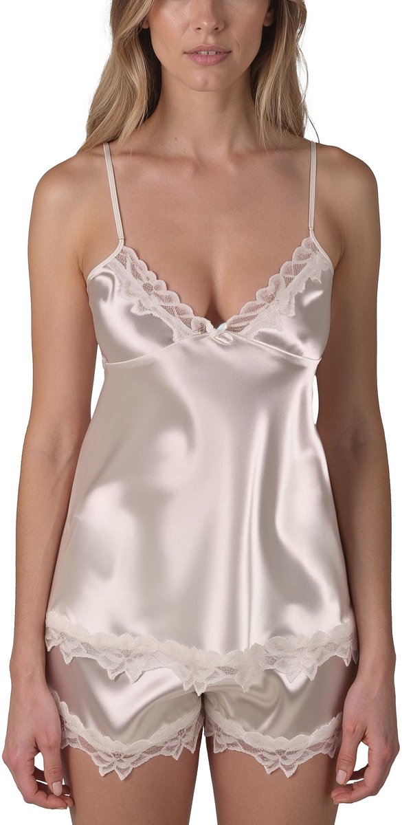 Vivisence dames pyjama satijnen tweedelige kanten korte broek bandjes elegant 2036, Ecru,S
