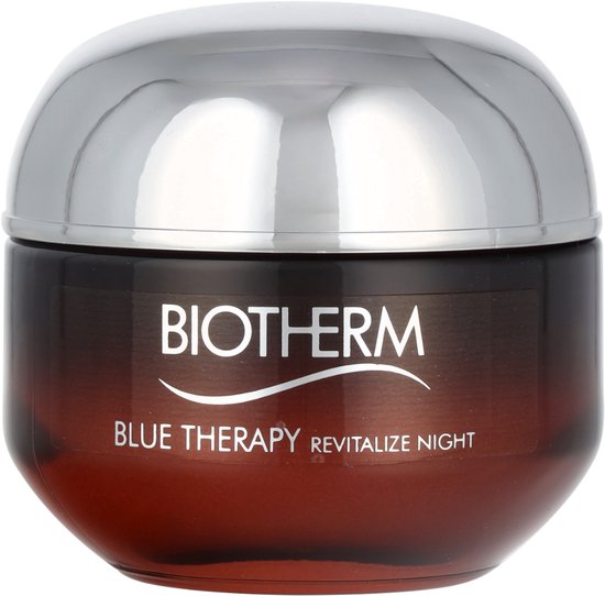 Biotherm Blue Therapy Revitalize Night nachtcrème in een amberkleurig glazen pot met zilverkleurig deksel.