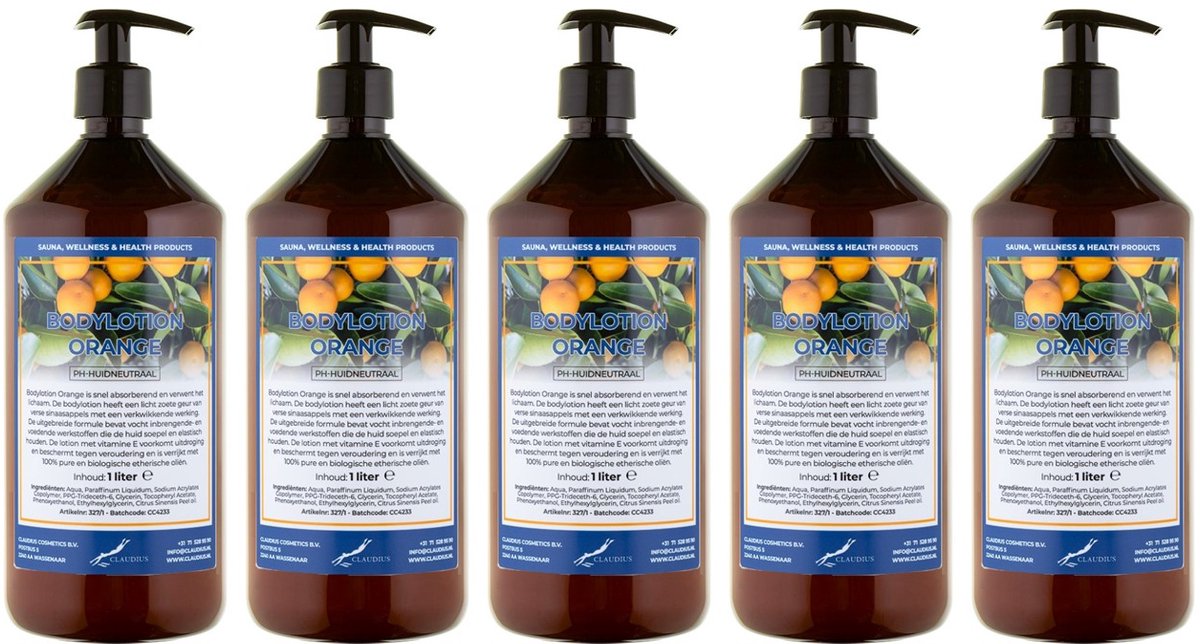 Bodylotion Orange 1 Liter - met gratis pomp - set van 5 stuks - Voordeelverpakking